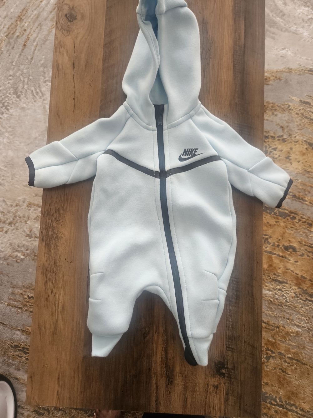 Nike Baby Tech Hooded One-Piece in Light Blue with Black Trim